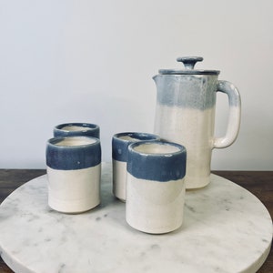 Handmade Vintage Blue & White Glazed Ceramic Tea Set; Set of 5; Retro Kitchenalia; Minimalist Kitchen; Gift for Hostess; Elegant Tableware