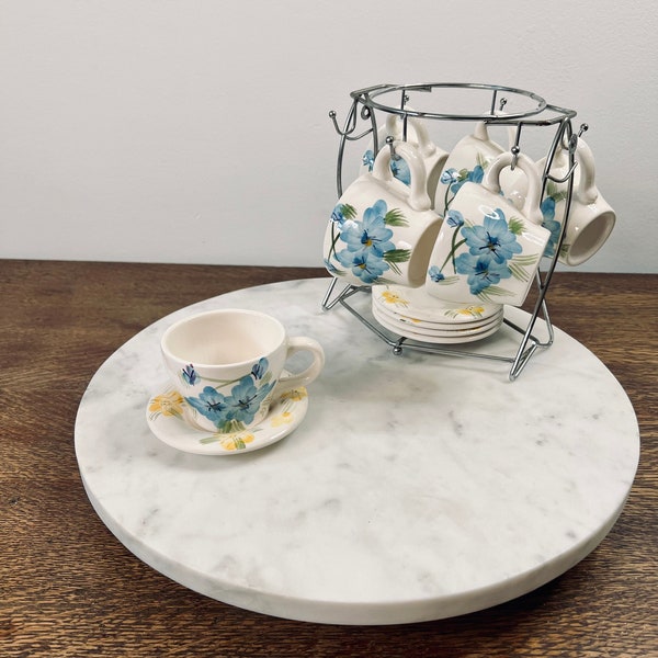 Set of Vintage Cups and Saucers with Stand; Yellow and Blue Flowers; Tea Party Ideas; Child's Tea Set; Espresso Cups and Saucers; Mini Cups