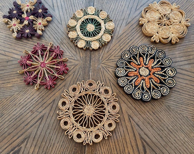 6 Vintage MCM Woven Rattan Trivets; Retro Kitchenalia; Colorful Raffia ...