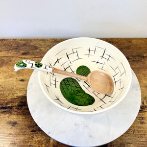 Vintage MCM Ceramic Serving Bowl w/ Matching Spoon; Retro Kitchenalia; Atomic Serveware; Gift for Hostess; 1960&#39;s Dining; Mid Century Dishes