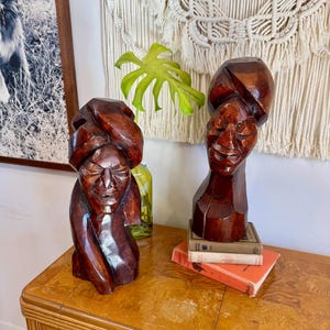 Pair of LARGE Vintage Hand Carved Mahogany Wood Tribal Statues; Retro African Busts; Gift for Host; Elegant MCM Living Room; 1960s Sculpture