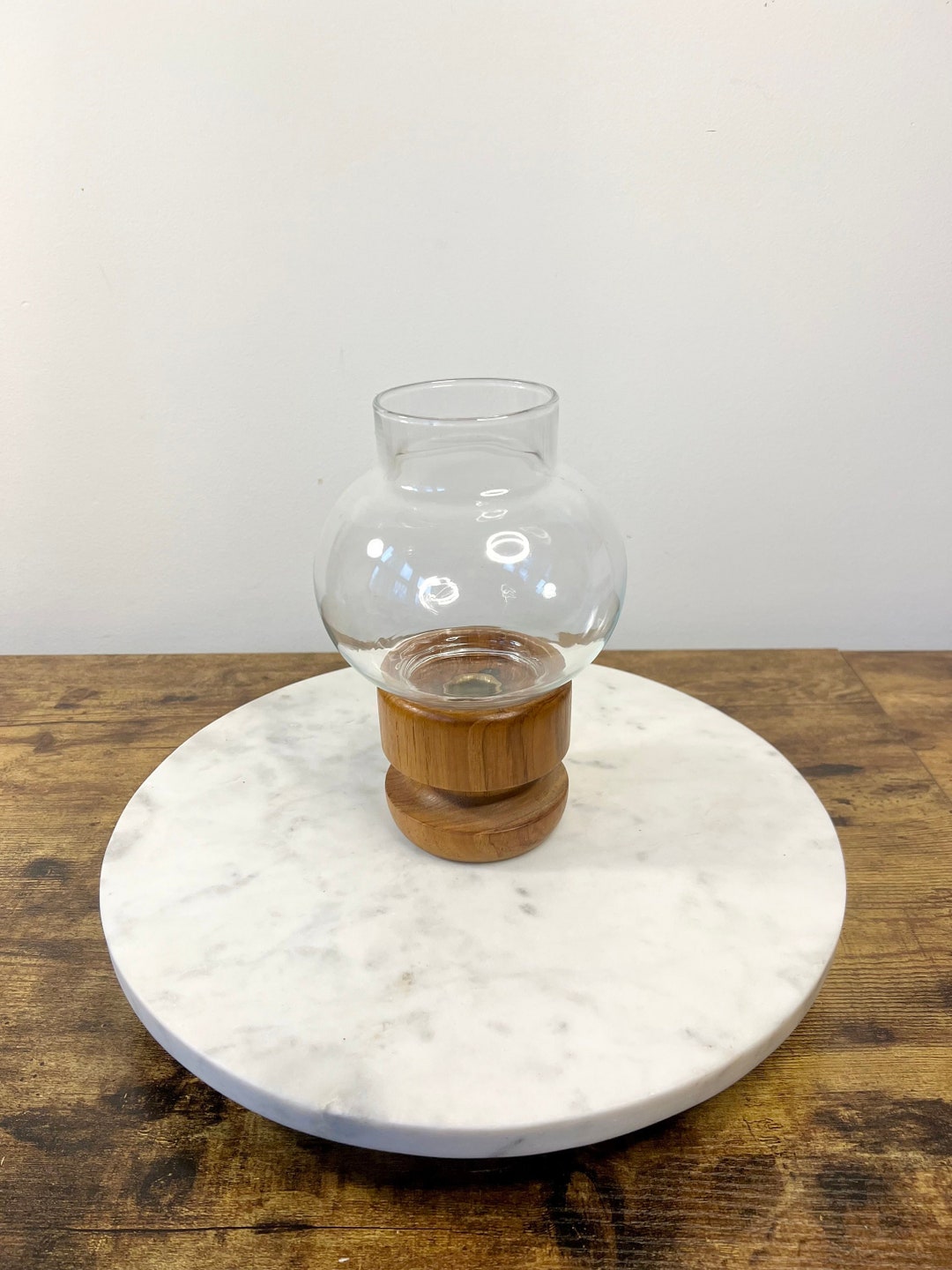 Vintage Mid Century Teakwood and Glass Hurricane Candle Etsy