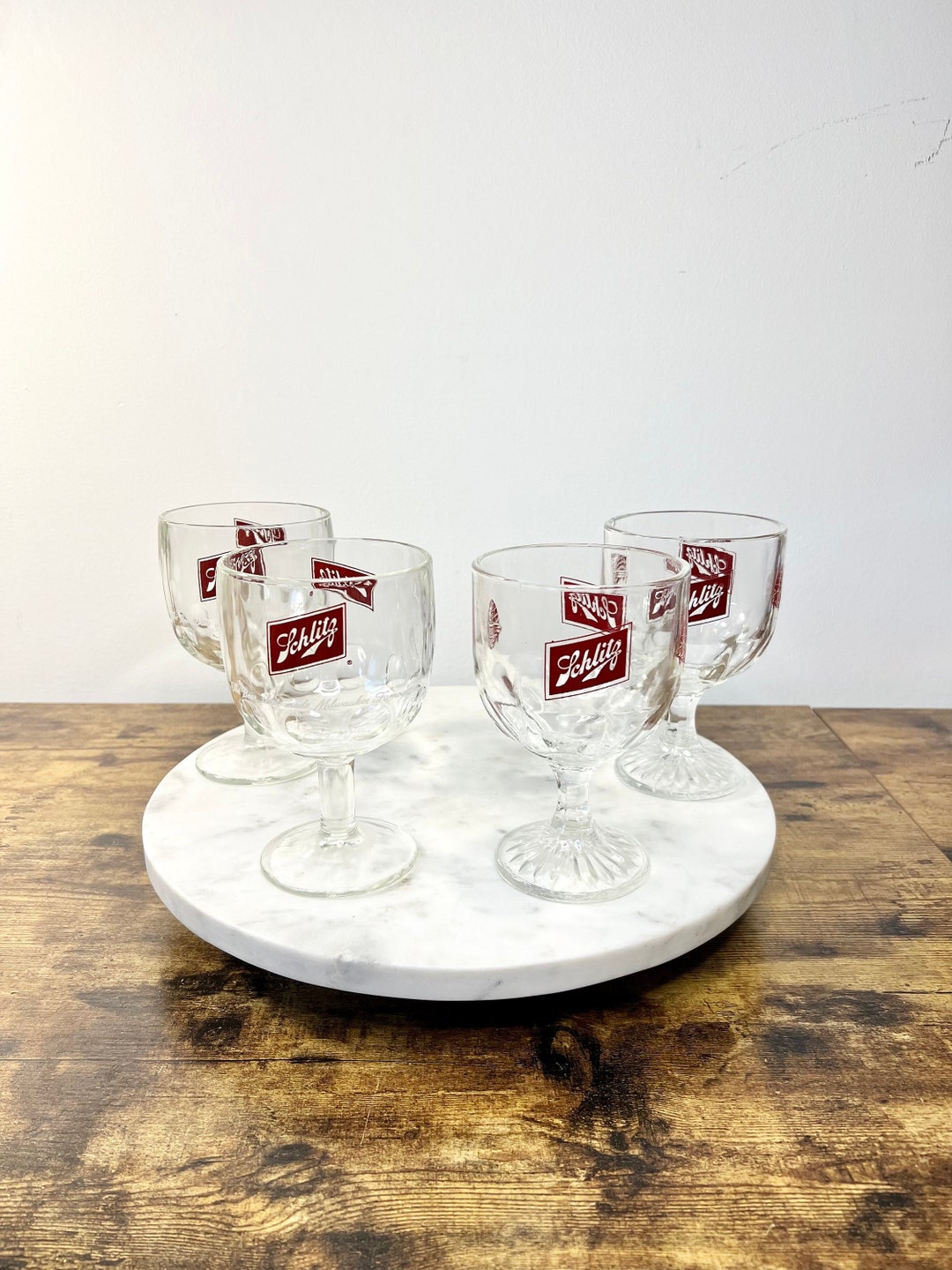 Vintage Schlitz Beer Heavy Glass Goblets Set of 4 Mismatched Etsy