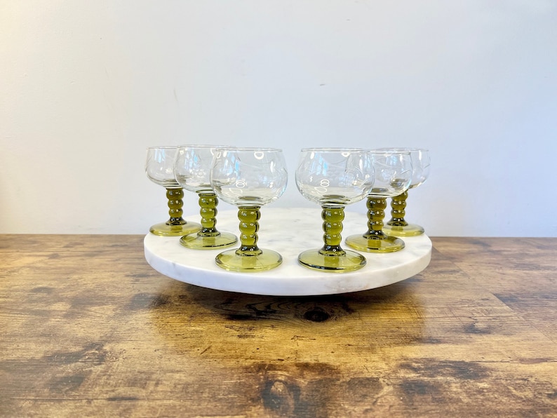 Vintage MCM Roemer Green Bubble Stemmed Etched Wine Glasses; Set of 6; Retro Barware
