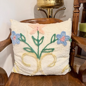 Vintage Floral Chenille 18&quot;x16&quot; Throw Pillow; STAINED; Retro Decorative Pillows; Cottagecore Bedding; Gift for New Home; Grannycore Kitschy