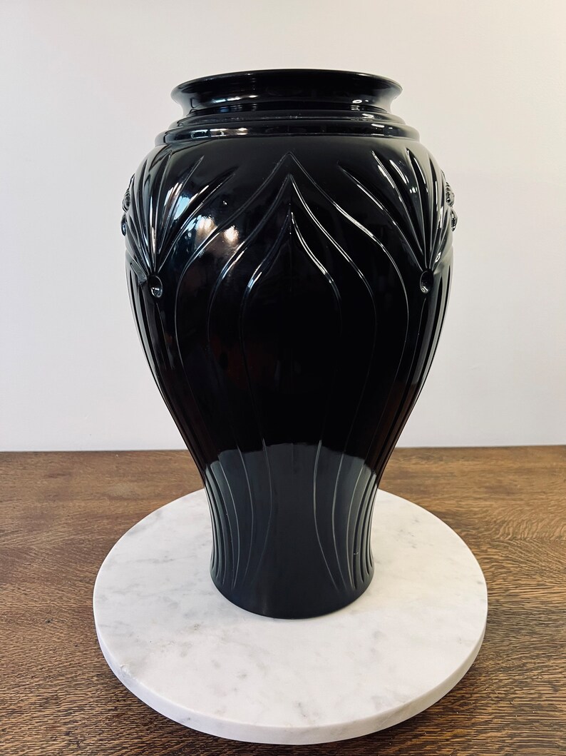 Vintage Black Glass Floor Vase Art Deco Style Mid Century Etsy