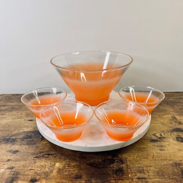 Vintage MCM Blendo Tangerine Glass Salad Bowls; Set of 5; Retro Kitchenalia; Gift for Hostess; Colorful Mid Century Glassware; Kitsch Dining