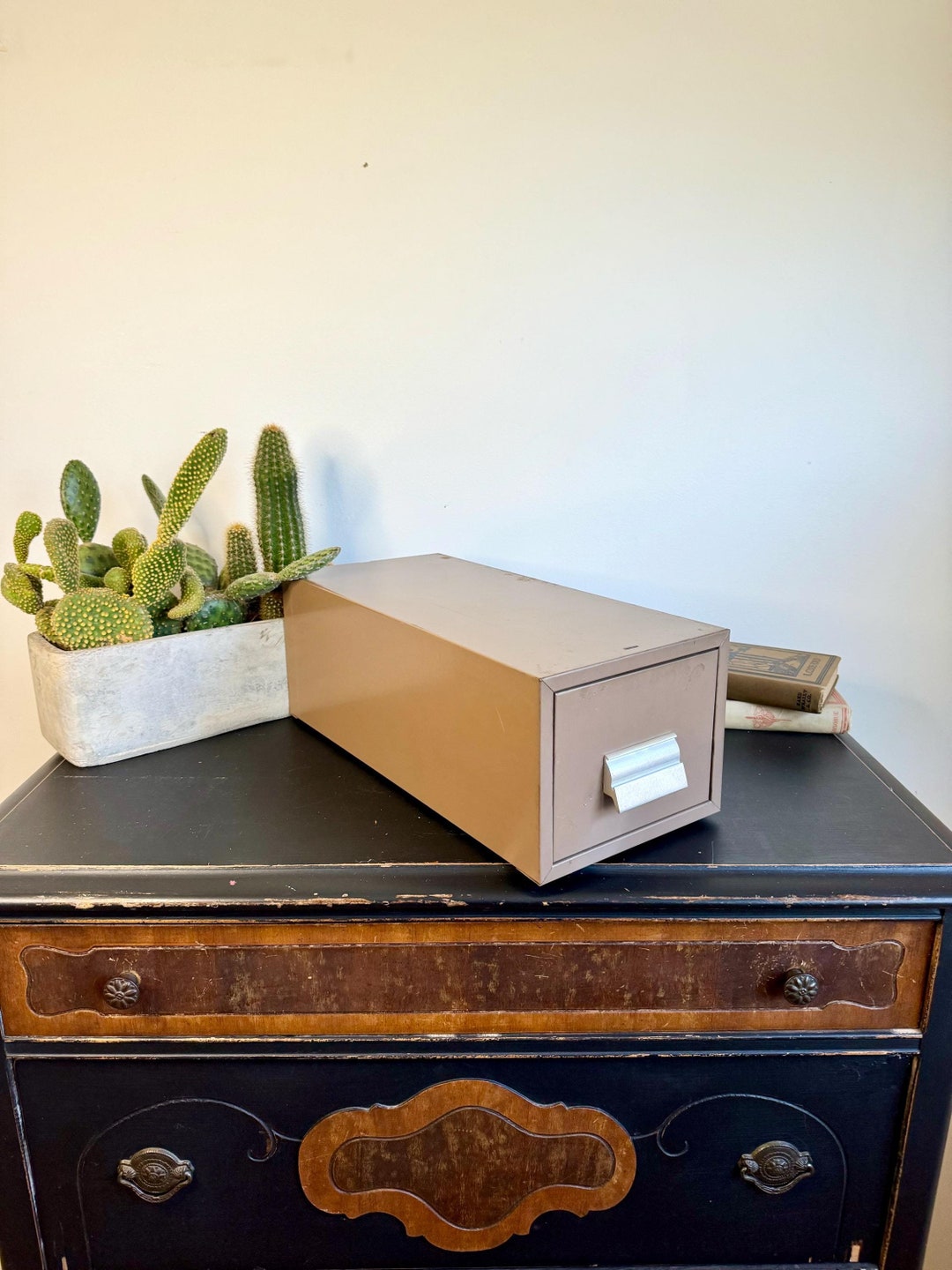 Vintage Mid Century Light Tan Metal Card Catalog Single Drawer Retro