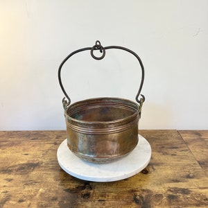 Antique Hammered Hanging Copper Pot w/Dovetail Joints & Iron Handle; Antique Cookware; Primitive Kitchen Decor; Gift for Host; Rustic Copper