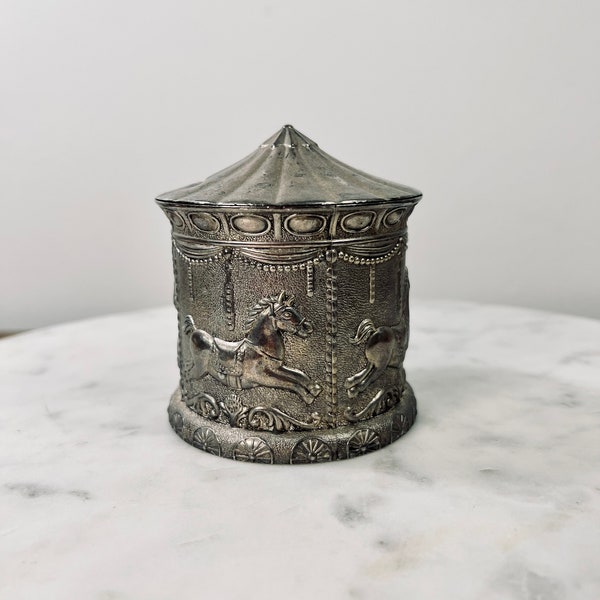 Vintage Silverplate Carousel Bank; **NO STOPPER**Circus Style Ornate Coin Bank; Nursery Decor; Horse Design; Tent with Carousel Horses; GIFT