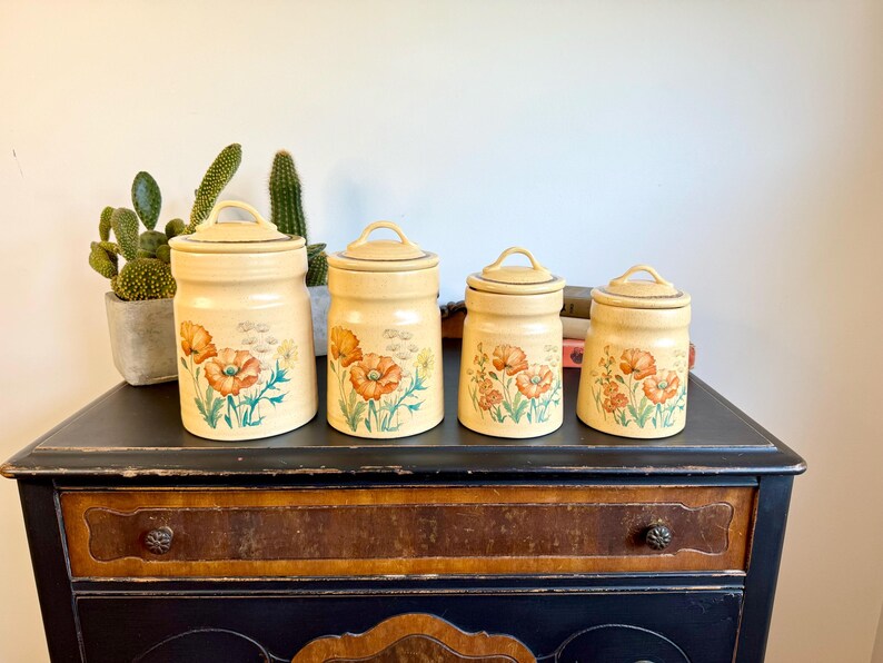 Vintage Treasure Craft Wildflower Ceramic Canisters; Set 4; Retro Kitchenalia; Cottagecore Kitchen; Gift for Host; Boho Chic Pantry Storage