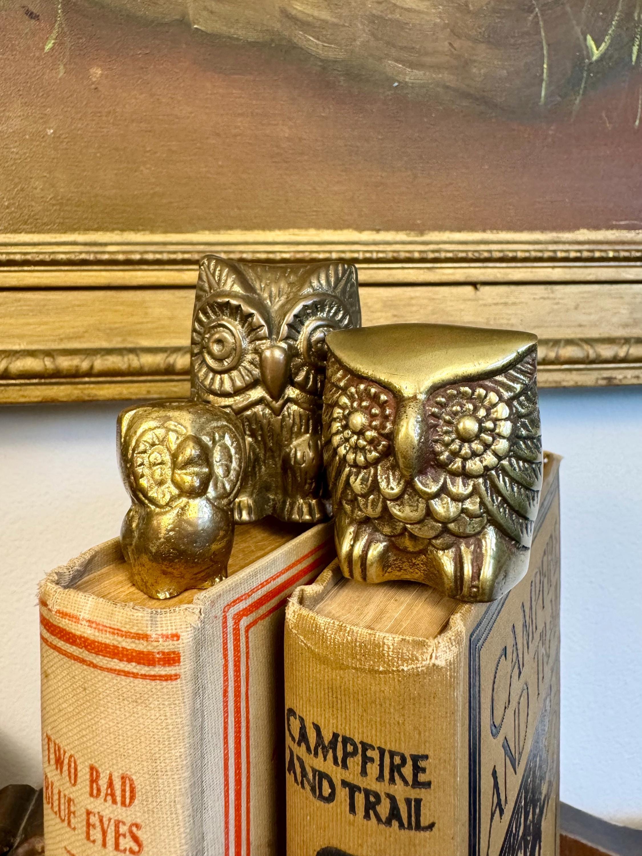 Trio of Vintage Miniature Brass Owl Mismatched Figurines; Gift for New Home; MCM Brass Owls; Boho Ma