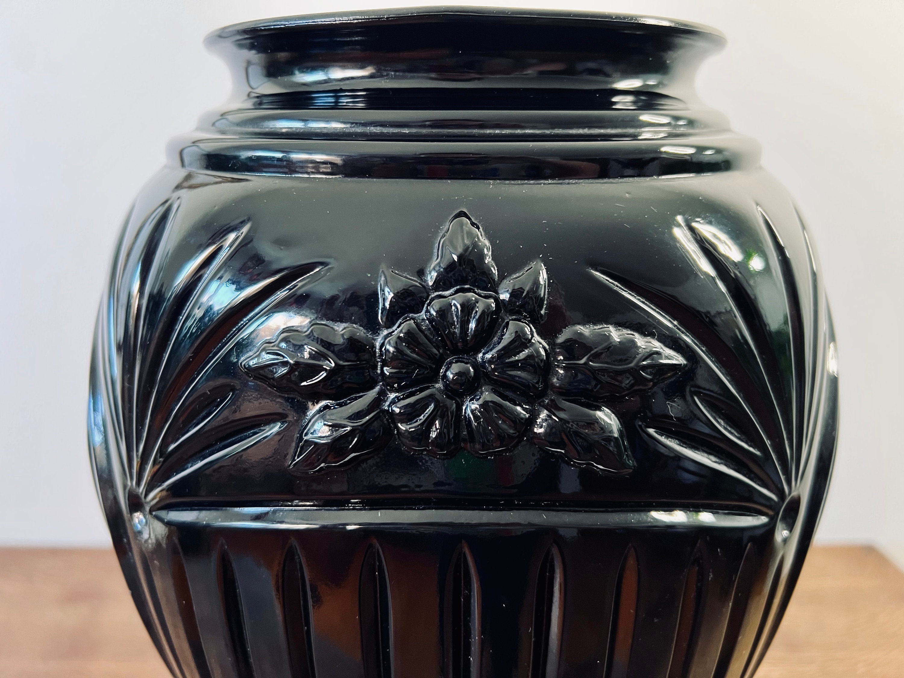 Vintage Black Glass Floor Vase Art Deco Style Mid Century Etsy