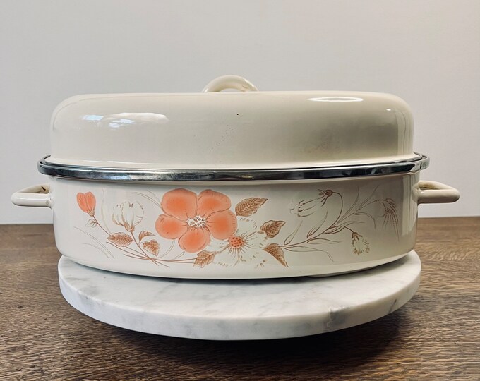 Vintage Enameled Roasting Pan With Peach Flower Decals Roasting Pan