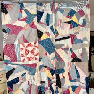 Antique Handmade 65” x 75” Crazy Quilt; DAMAGE; Farmhouse Bedding; Primitive Patchwork Quilt; Gift for Collector; Vintage Country Chic Quilt