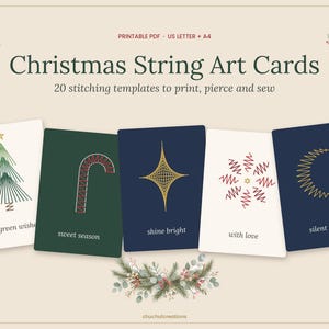 Puede incluir: Un conjunto de cinco tarjetas de arte con hilo navideño que incluyen plantillas de costura. Las tarjetas muestran diseños de árbol, bastón de caramelo, estrella, copo de nieve y luna con los textos evergreen wishes, sweet season, shine bright, with love y silent night.