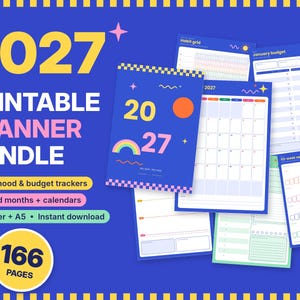 May include: A 2027 printable planner bundle featuring 166 pages of habit, mood, and budget trackers. The blue cover displays the text 2027, a rainbow, and a checkerboard pattern. Includes 12 dated monthly calendars, habit grids, and savings charts in US Letter and A5 sizes.