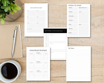 May include: A set of printable planner pages with a black and white design. The pages include a weekly planner, a vision board, a goal setting page, a follower tracker, and a notes page.