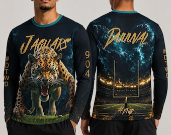 Jaguars Inspired Long Sleeve Shirt, All-Over Print, Teal Lightning, Gold Sparks, Jacksonville Duval Unisex Game Day Gift