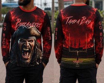 Tampa Bay Buccaneers All-Over Print Long Sleeve Tee, Pirate Storm Lightning Design, Unisex Bucs Football Fan Game Day Gift
