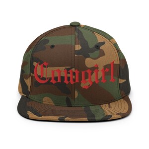 Camo Cowgirl Embroidered Snapback Hat Gothic Old English Font Flat Bill Cap