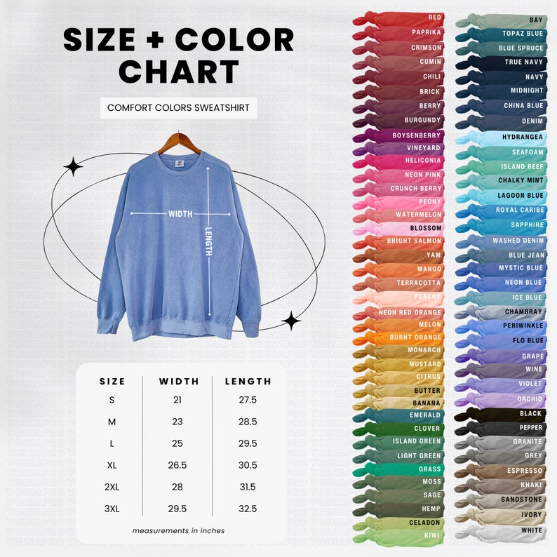 May include: Size chart for a sweatshirt with a variety of colors. The chart shows the width and length of the sweatshirt in inches for sizes S, M, L, XL, 2XL, and 3XL. The sweatshirt is light blue.