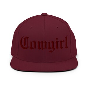 Cowgirl Embroidered Snapback Hat Gothic Old English Font Flat Bill Cap