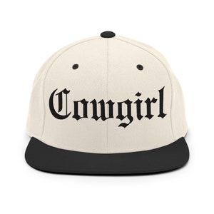 Cowgirl Embroidered Snapback Hat Gothic Old English Font Flat Bill Cap