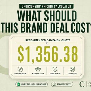 Op de afbeelding: Een digitale afbeelding met de titel Sponsorship Pricing Calculator, de tekst What Should This Brand Deal Cost? en een Recommended Campaign Quote van $1.356,38. Het bevat iconen voor Creation Value, Audience Value, Usage Rights en Exclusivity.