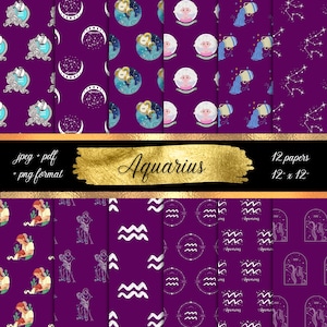Papier numérique Aquarius, Bundle de fond transparent imprimable, motif de thème signe du zodiaque, 12 x 12 po, téléchargement immédiat