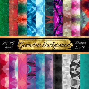 Può includere: Un set di 20 carte digitali con motivi geometrici in vari colori, tra cui turchese, blu, viola, rosa, rosso e nero. Le carte sono di 30,5 cm x 30,5 cm e sono disponibili in formato JPG e PDF. Geometric Background.