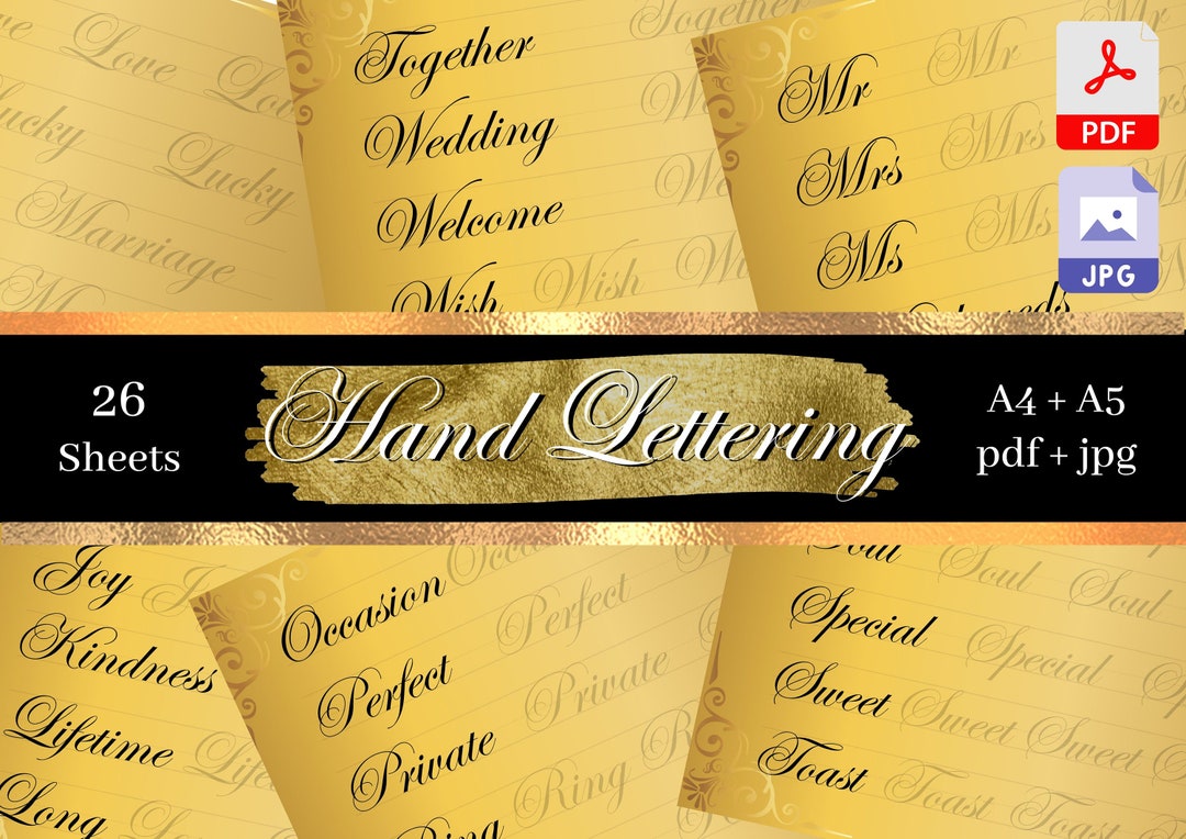 Gold Wedding Hand Lettering Worksheets Calligraphy Practice Etsy