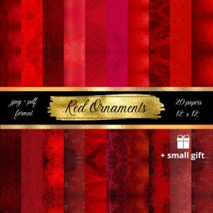 May include: A set of 20 digital papers featuring red and gold textures. The papers are 12 inches by 12 inches and are available in JPG and PDF formats. The text "Red Ornaments" is displayed in gold lettering on a black background. A small gift is included with the purchase.