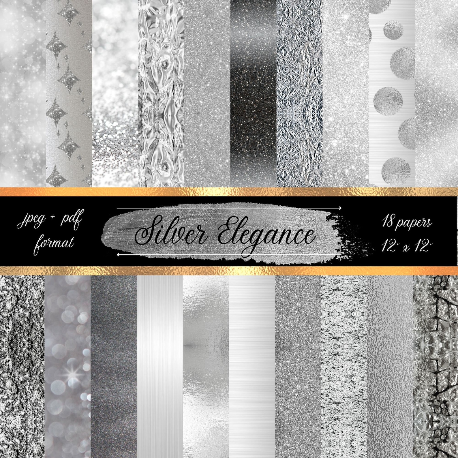 Silver Digital Paper Bundle, Seamless Glitter Pattern, Printable ...