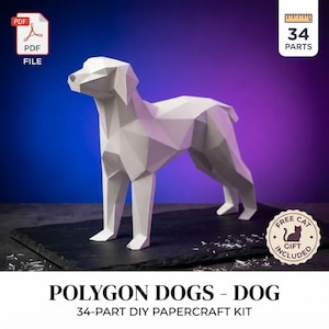 Puede incluir: Una escultura de perro geométrica blanca hecha de un kit de manualidades de papel de 34 piezas. El archivo PDF incluye instrucciones de montaje. Una insignia circular indica que se incluye un regalo de gato gratis con este modelo.