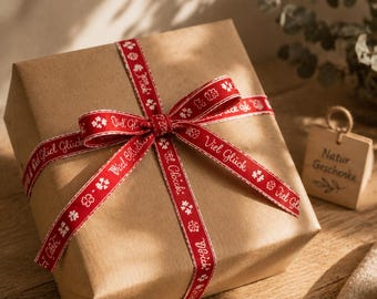 Schleifenband Viel Glück, Geschenkband mit Schrift, Dekoband für Geschenkverpackung, Basteln, Tischdeko, Geburtstag