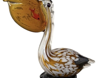 Vintage handgeblazen glazen pelikaanbeeldje snavel vis Studio Art Glass