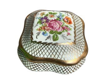 Limoges Porcelain Trinket Box – Décor Madaug Paris – Floral & Gold Lattice