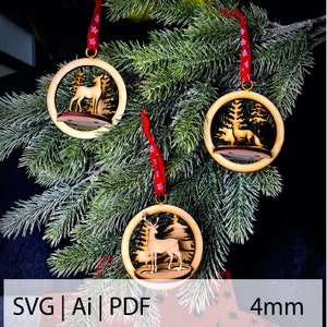 Winter Hunter Christmas Tree Decoration 4mm light Deer Craft Wood art stencil lasercut file templates Paperart Dxf Sag ai Pdf (#03)