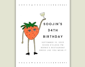 strawberry generic invite, hand drawn character, champagne, birthday, wedding, bachelorette, dinner party, cocktail, printable template