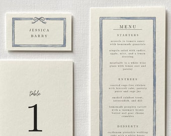 Bows and borders place card, menu, and table number set, hand drawn, watercolor style, customizable wedding stationery digital download
