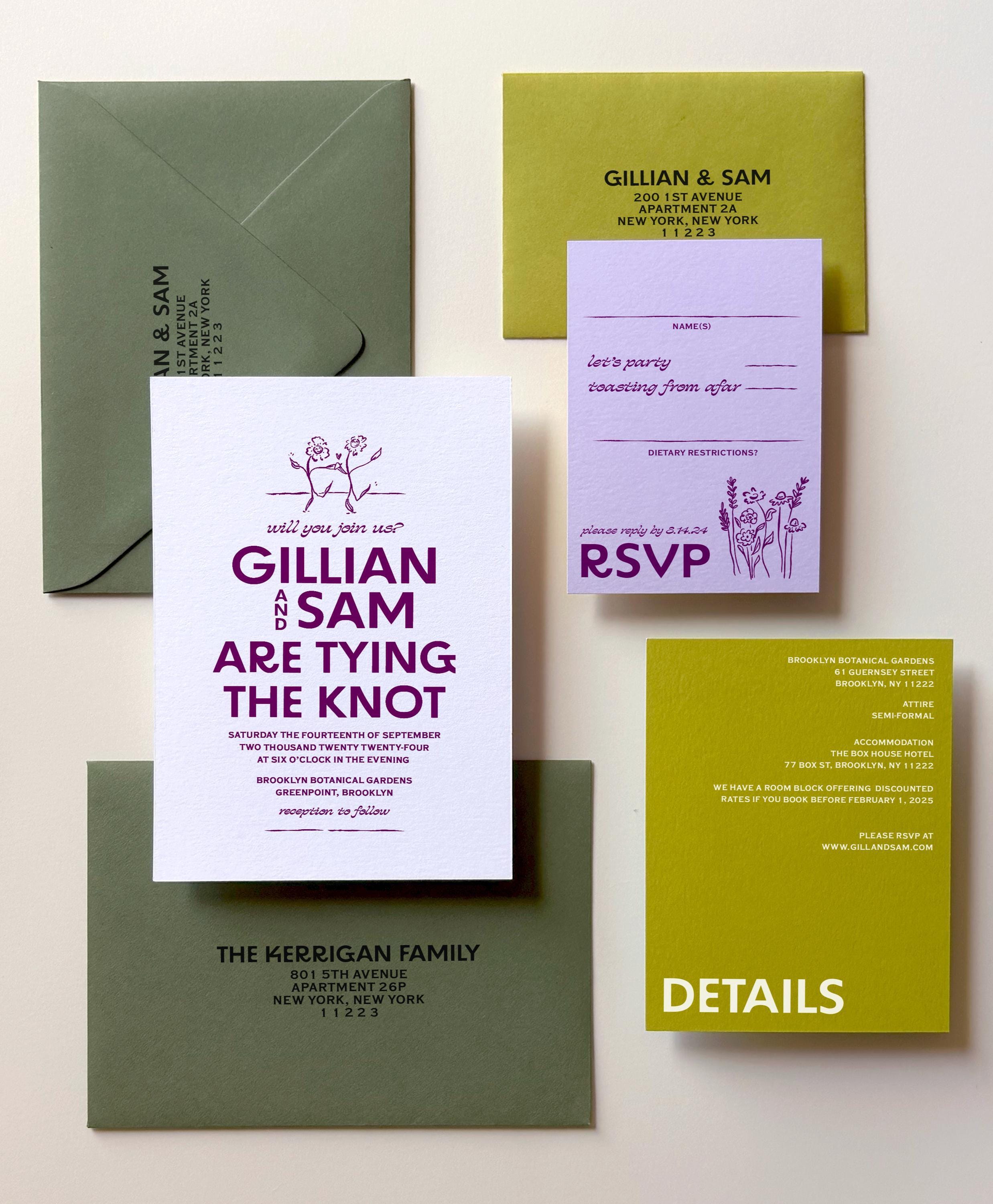 semi-custom wedding invitation suites, printed, personalized, illustrations, hand drawn, floral, garden, botanical, simple, bold, colorful
