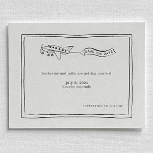 plane flying &quot;save the date&quot; banner hand drawn wedding stationery, fun, quirky drawing, customizable, editable, printable, cute, kitschy