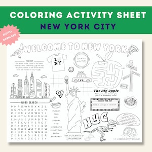 Hoja de actividades de la ciudad de Nueva York para niños, mantel individual para colorear de la ciudad de Nueva York, juegos de Nueva York, menú para colorear de la ciudad de Nueva York imprimible, colorear viajes, descarga digital