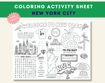 New York City Activity Sheet for Kids, NYC Coloring Placemat, New York Games, Printable NYC Coloring Menu, Travel Coloring, Digital Download