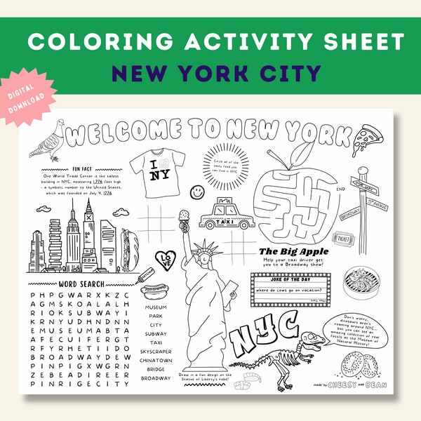 New York City Activity Sheet for Kids, NYC Coloring Placemat, New York Games, Printable NYC Coloring Menu, Travel Coloring, Digital Download