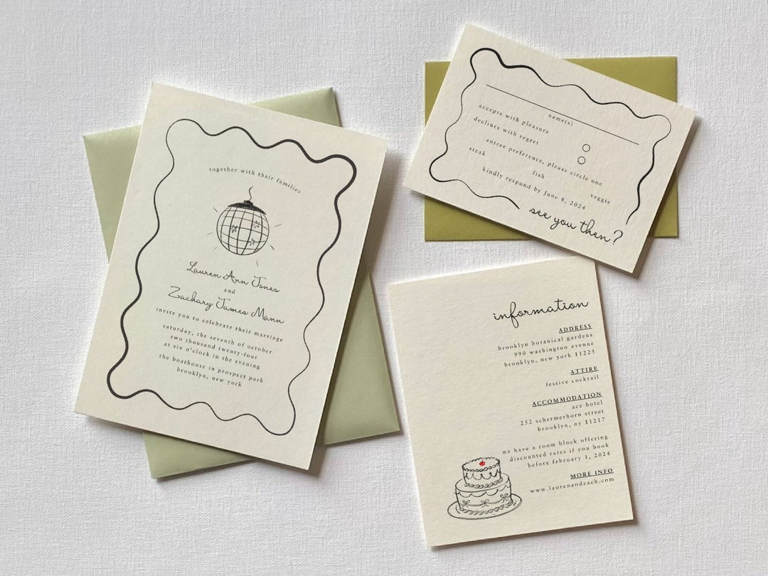 Wavy Border Wedding Invitation Suite With Small Hand Drawn Details, Fun ...