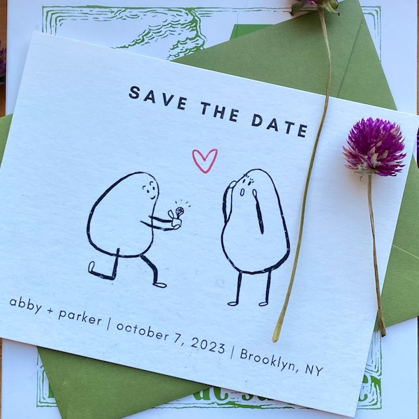 Silly save the date, hand drawn characters proposing, modern, quirky, funny wedding stationery, engagement announcement, editable template