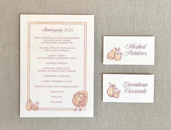 Fall themed menu & place card, autumn, thanksgiving dinner, friendsgiving, buffet card, turkey, pumpkin, leaves, seasonal, digital template