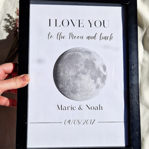 Personalisierter Druck I love you to the Moon and back mit Mond, Name Jahrestag Geschenk für Sie Ihn Geschenkidee zum Selbst ausdrucken